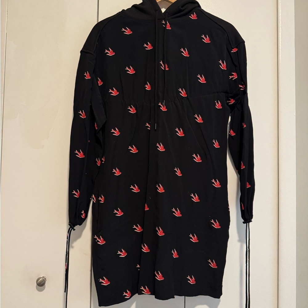Black Hoodie Dress with Red Bird Pattern